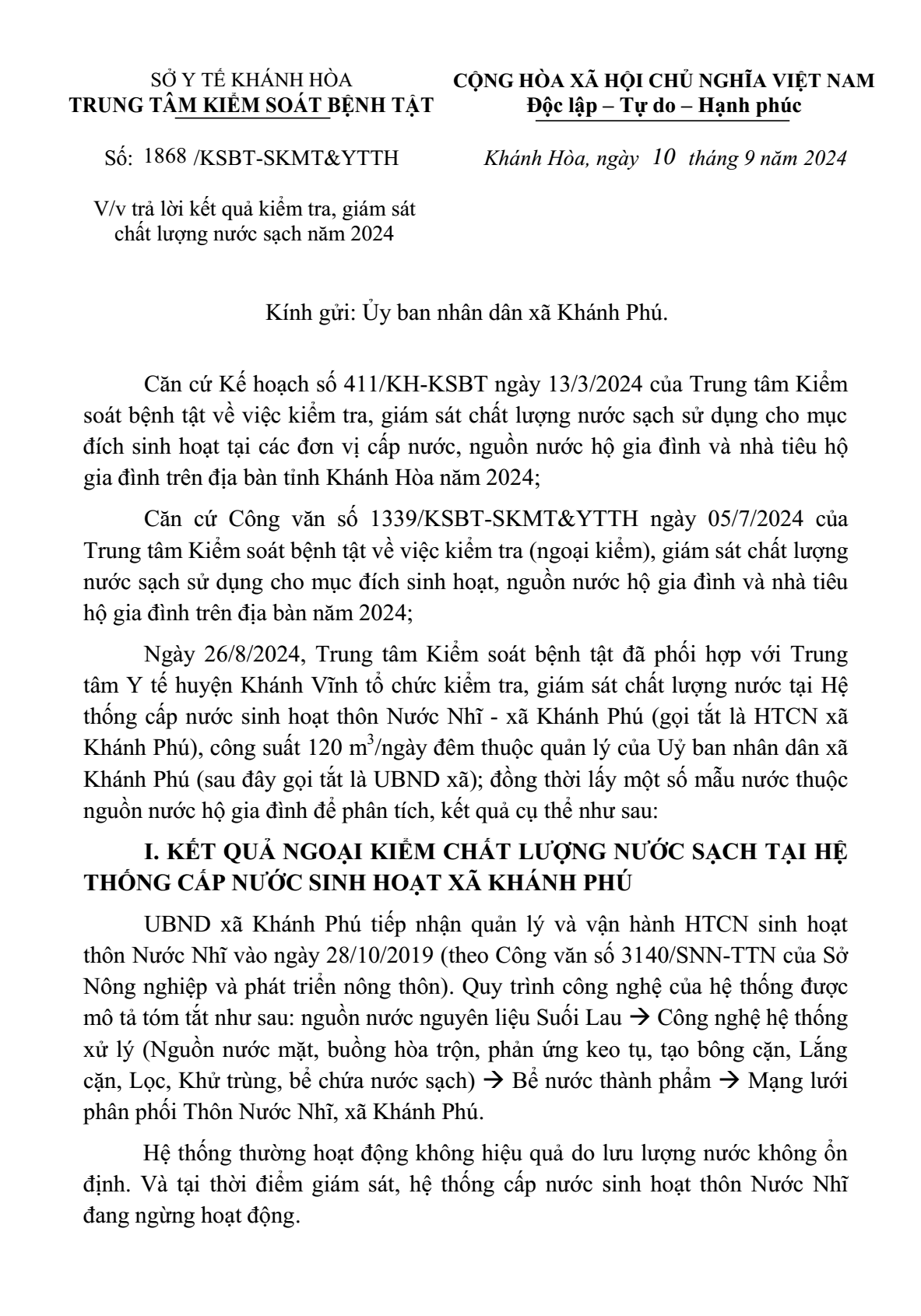 Trả lời kết quả kiểm tra, giám sát chất lượng nước sạch năm 2024